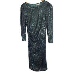 S – Nanette Lepore Green Sequin Ruched Midi Party Dress